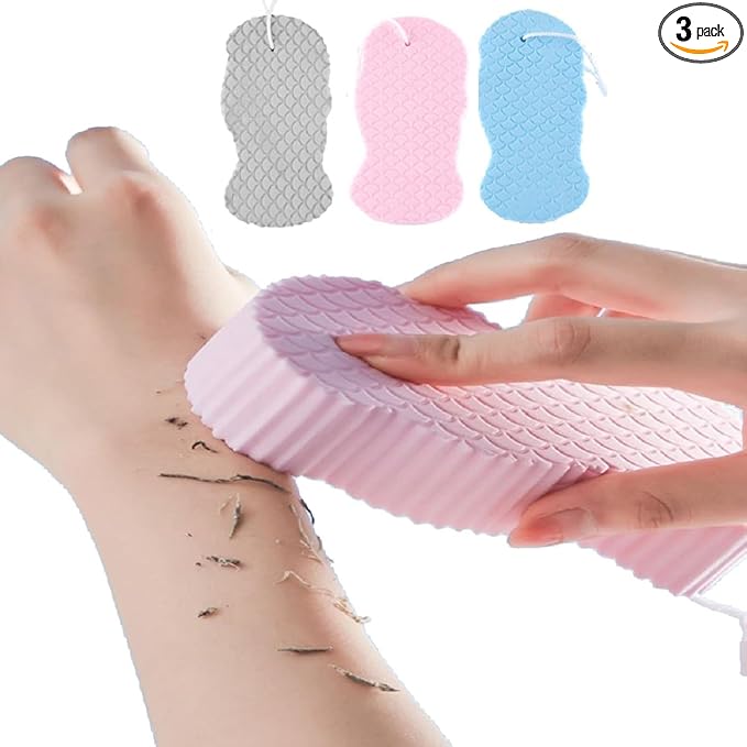 3 PCS Exfoliating Bath Sponge,3D Super Soft Exfoliating Bath Sponge,Remover Dead Skin for Adults Children and Women,Reusable (Blue+Pink+Gray)