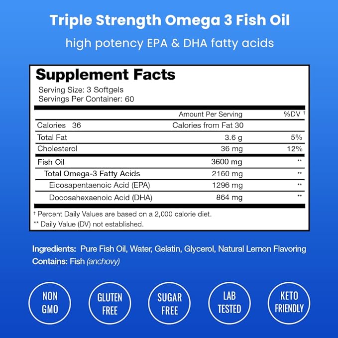 Triple Strength Omega 3 Fish Oil 3600 mg | EPA & DHA | 180 Softgels | Burpless Fish Oil Supplement, Wild Caught | Over 2100mg Omega-3 Fatty Acids Supplements | Natural Lemon Flavor Omegas 3 Pills