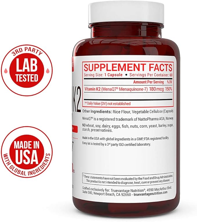 Vitamin k2 MK-7 Supplement 180mcg -Vitamin K2 Supports Bone & Heart Health for Cardiovascular Calcium Absorption from Arteries- 60 Easy to Swallow Vegetable caps of MenaQ7 K2 MK7