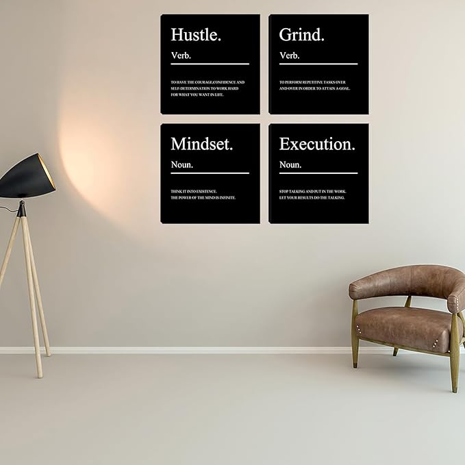 Motivational Office Wall Art Mindset Canvas Wall Art Hustle Posters Wall Decor 4 Pieces Inspirational Quotes Wall Paintings Picture Art Wall Decor for Bedroom Living Room Artwork 16"x16"x4pcs