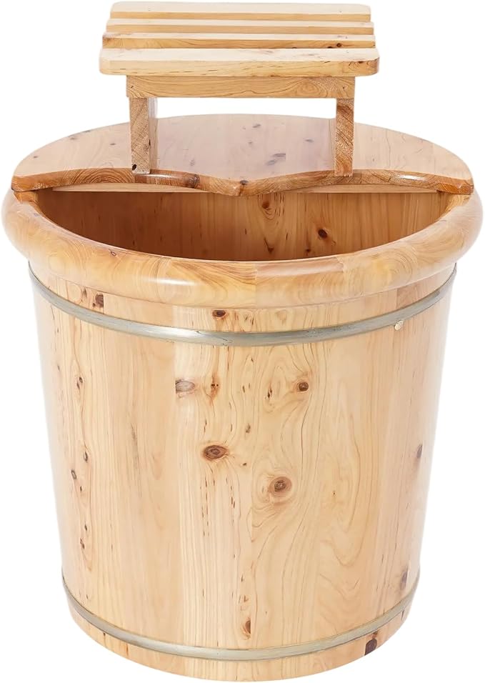 Eapmic Wooden Foot Bath Bucket with Lid, Feet Massage Barrel, Solid Wood Round Foot Soak Tub, Home Sauna Feet Basin, Pedicure Barrel for Spa, Massage, Sauna (D)