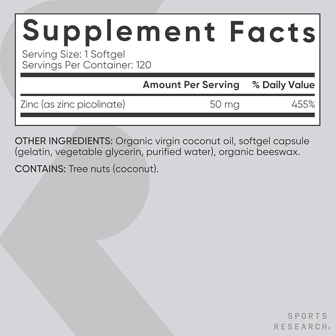 Sports Research® Zinc Picolinate 50mg with Organic Coconut Oil - High Potency Zinc Supplement for Healthy Immune & Enzyme Function - Non-GMO Tested & Gluten-Free - 120 Liquid Softgels