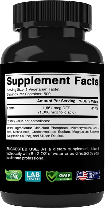 Folic Acid 1 mg (1000 mcg) (Vitamin B9) - 500 Vegetarian Tablets - an Essential Prenatal and Postnatal Vitamin