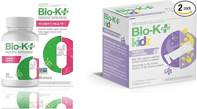 Bio K+ Women's Health Probiotic Bundle – Vaginal & Urinary Tract Support 2B CFU + Daily Probiotic for Kids with Limosilactobacillus fermentum LC40®, Vitamin D3, 28 Packets, Non-GMO, Gluten-Free