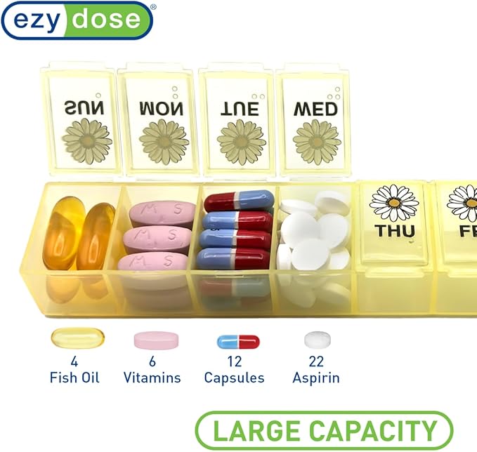 EZY DOSE Weekly (7-Day) Daily Pill Case, Medicine Planner, Vitamin Organizer, Supplement Container, Large Compartments, Yellow Daisy Days Design, Easy-to-Open, Travel-Friendly, BPA Free