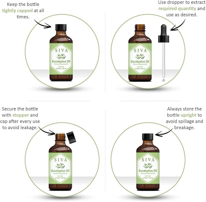 SIVA Eucalyptus Essential Oil - 4 Fl Oz – Natural Eucalyptus Oil - for Diffuser, Face, Skin Care, Aromatherapy, Hair Care, Scalp and Body Massage - with Dropper