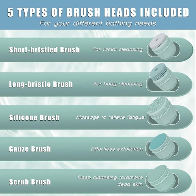 Electric Body Brush Back Scrubber for Shower, Ipx7 Waterproof Back Scrubber for Shower, Auto Spinning Exfoliating Massage Bath Brush RechargeableRotating Body Brushes with 5 Brush Heads