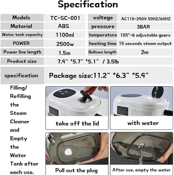 NASAMA Handheld Steam Cleaner,2500W High Temperature Pressurized Steam Cleaner,Portable Steam Cleaning Machine For Home with 5 Brush Heads (white)
