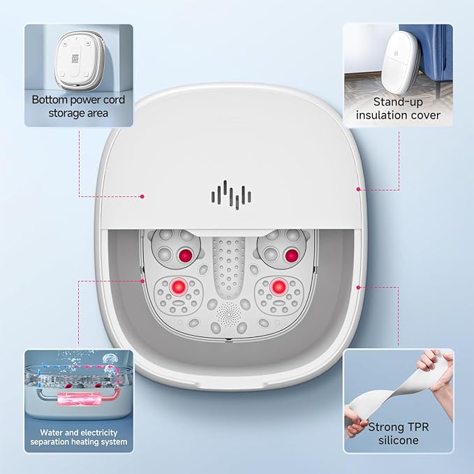 10L Collapsible Foot Spa Massage with Water and Electricity Separation System,Foot Bath with Three Level Temperature Control,Bubble,Remote,Red Light,Timer,and Four Set Electric Massage Balls