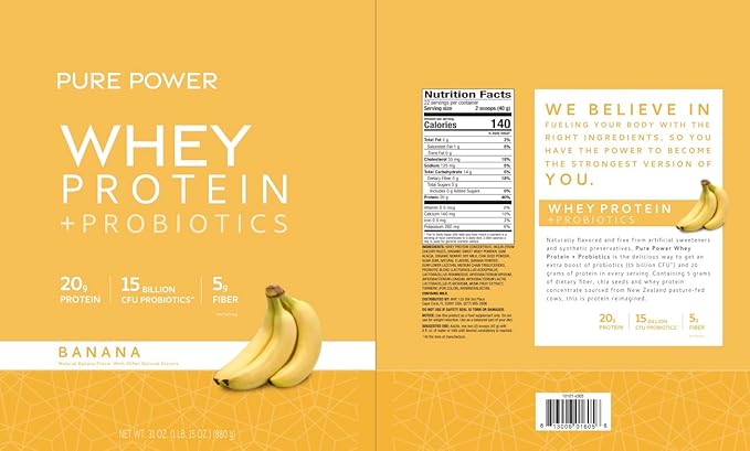 Dr. Mercola Pure Power Whey Protein + Probiotics - Supports Muscle Recovery & Digestive Health - Pasture-Raised Whey - MCTs & Fiber - Vanilla - 31 oz (22 Servings) - Banana