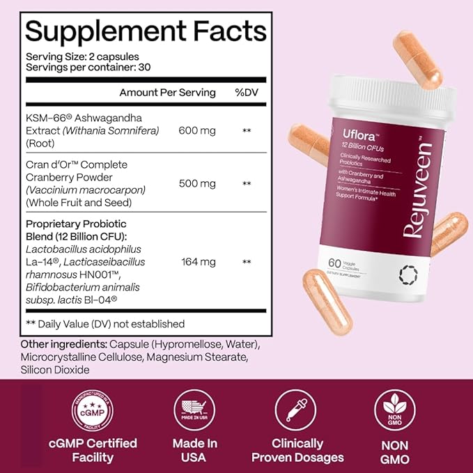 Uflora Vaginal Probiotics | Supports Vaginal Health, Moisture & Yeast | Enhances Intimate Wellness | Clinically Proven Dosages | Probiotics, Cranberry, Ashwagandha | 60 Ct (3 Pack)