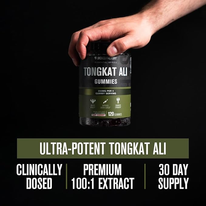 Jacked Factory Tongkat Ali Gummies - 100:1 Tongkat-Ali (Eurycoma Longifolia) Extract for Enhanced Vitality, Improved Energy Levels, Increased Strength, & Lean Muscle Growth - 120 Count, Tart Cherry