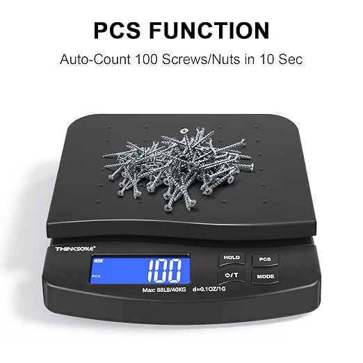 THINKSCALE 88lb Shipping Scale, 0.1oz Precision, Digital Postal Scale with Large LCD, Hold/Tare/Piece Counting, 5 Units, Dual Power (Battery/AC), Black