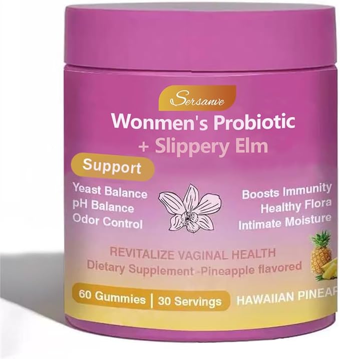 Juicy Feminine Probiotic Gummies for Women, Pineapple Flavor, pH Balance and Gut Health Support, with Slippery Elm, Vegan
