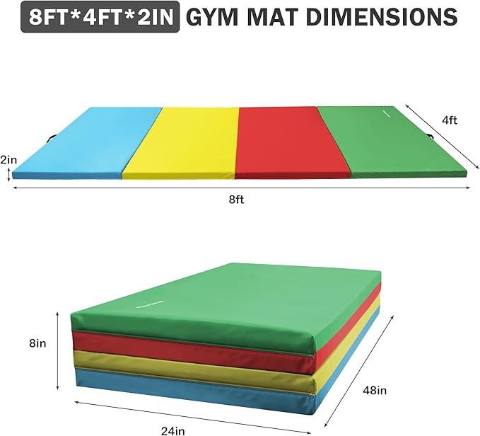 Folding Exercise Gymnastics Mat 4'x8'x2" Gym Workout Mat with Carrying Handles High-Density Anti-Tear Portable Fitness Aerobics Mats for Home Gym Yoga Pilates Tumbling MMA Core Training, Multiple Colors