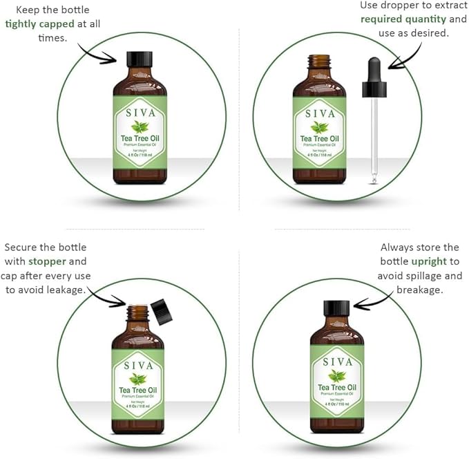SIVA Tea Tree Essential Oil - 4 Fl Oz – Natural Tea Tree Oil - for Diffuser, Face, Skin Care, Aromatherapy, Hair Care, Scalp and Body Massage - with Dropper
