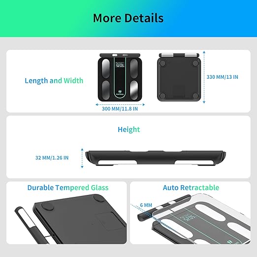 Smart Body Composition Scale – 8‑Electrode Dual‑Frequency BIA · 21 Body Metrics · 400 lb· App Sync (Fitdays, Apple Health,Google Fit) · Auto Recognition · 5 mm Tempered‑Glass Stable Platform