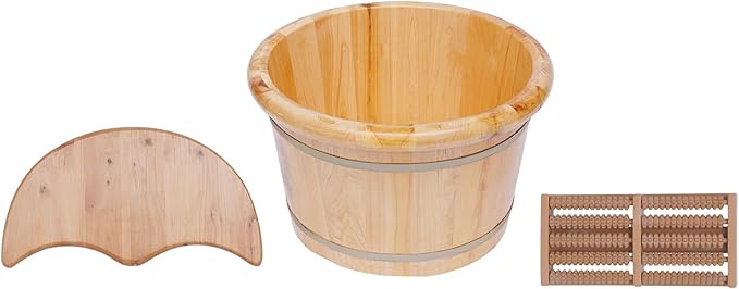 Eapmic Wooden Foot Bath Bucket with Massage Rollers and Lid, Feet Massage Barrel, Solid Wood Round Foot Soak Tub, Home Sauna Feet Basin, Pedicure Barrel for Spa, Massage, Sauna (E)