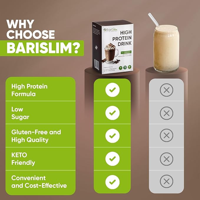 BariSlim Bariatric High Protein Drink Mix - Promotes Muscle Recovery & Healthy Lifestyle - Low Sugar & Low Carb - Ideal for Bariatric Patients & Post-Weight Loss Surgery Support | Hot Chocolate (9 oz)