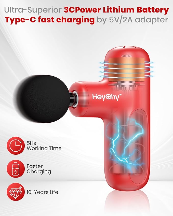 Super Mini Massage Gun Deep Tissue with 5 Speeds, Small Travel Size Percussion Muscle Massager for Pain Relief with 4 Attachments, Handheld Portable Massager Gun for Man & Women, Red