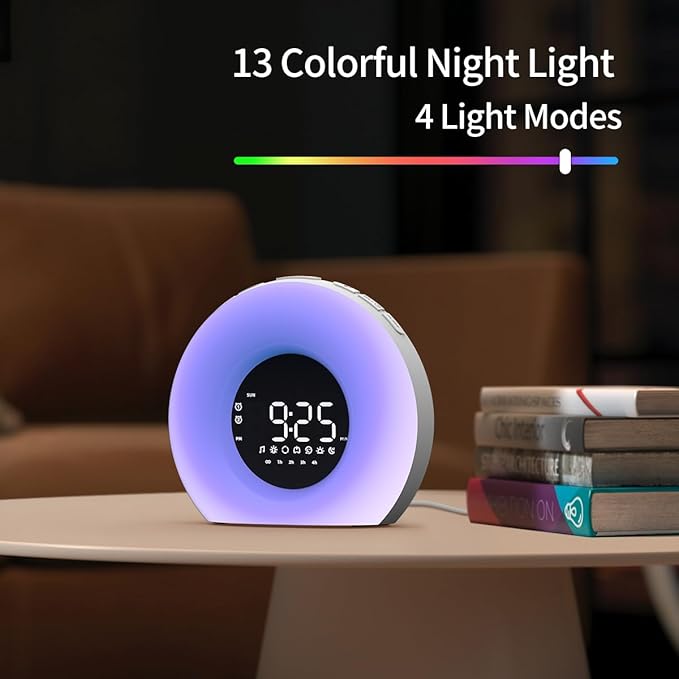 Wake Up Light Sunrise Alarm Clock for Bedroom Sunrise Sunset Simulation 23 Natural Sounds 13 Colors Light Dual Alarms and Snooze Function Sleep Aid for Heavy Sleepers Kids Adults (White)