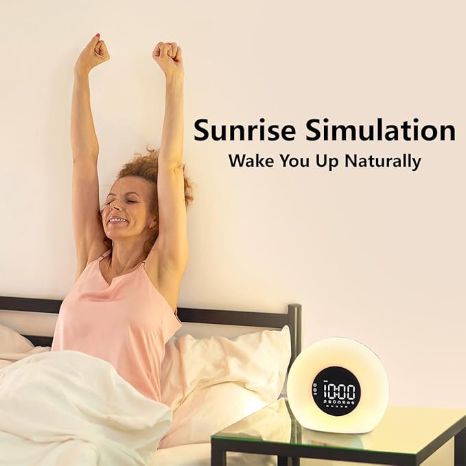 Wake Up Light Sunrise Alarm Clock for Bedroom Sunrise Sunset Simulation 23 Natural Sounds 13 Colors Night Light Dual Alarms and Snooze Sleep Aid for Heavy Sleepers Kids Adults (Wood Grain)