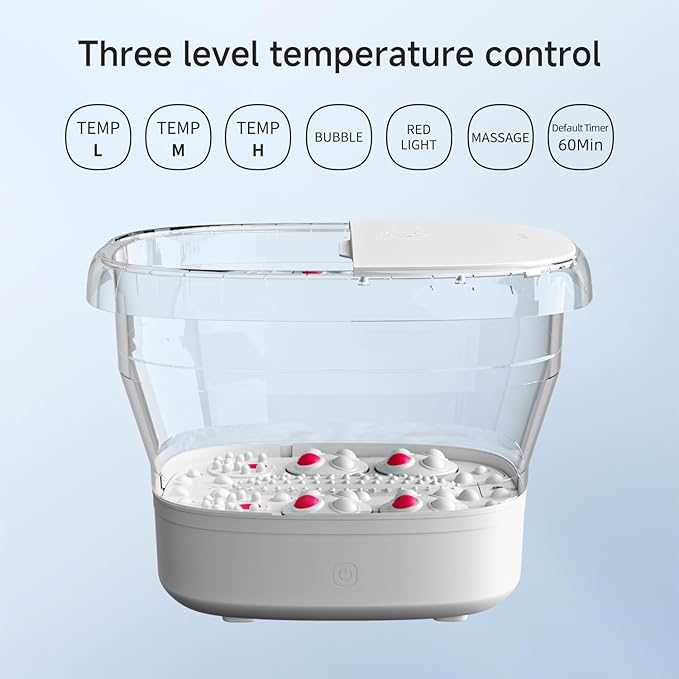 10L Collapsible Foot Spa Massage with Water and Electricity Separation System,Foot Bath with Three Level Temperature Control,Bubble,Remote,Red Light,Timer,and Four Set Electric Massage Balls