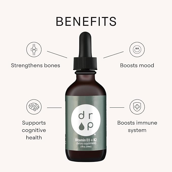 Vitamin D3 + K2 Drops with 1000 IU of Plant Based D3 and 45 mcg of K2, 2 oz Liquid Supplement for Bone Strength, Improved Mood - No Artificial Preservatives, Unflavored, with Coconut MCT Oil