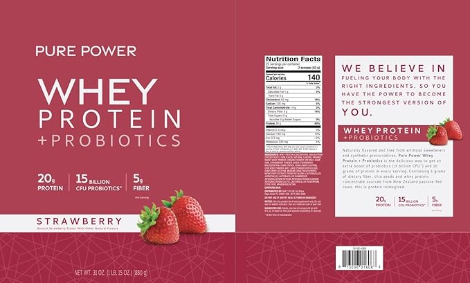 Dr. Mercola Pure Power Whey Protein + Probiotics - Supports Muscle Recovery & Digestive Health - Pasture-Raised Whey - MCTs & Fiber - Vanilla - 31 oz (22 Servings) - Strawberry