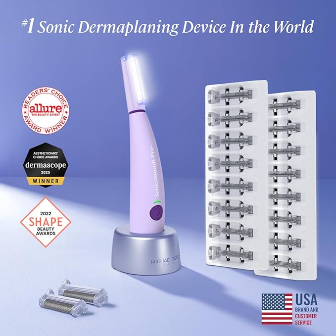 Michael Todd Beauty Sonicsmooth Pro+ Dermaplane Razor for Women Face + Eyebrow Trimmer Dermaplaning System w/LED Light Peach Fuzz Remover -16 Dermaplaning Blades & 2 Microsmooth Exfoliation Tips