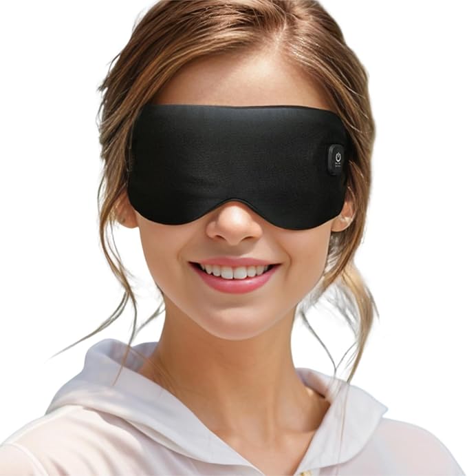 Heated Eye Mask, Vowleike Silk Cordless Washable Warm Eye Compress for Dry Eyes, Electric Temperature Controllable Eye Heating Pad for Stye, Drain and Fatigue Eyes, Thoughtful New Year Gift (Black)