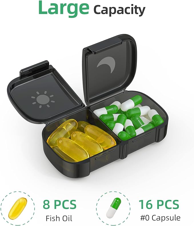 PULIV Extra Large Weekly Pill Organizer 2 Times a Day, One-Side Open Pill Box 7 Day for Easy Filling, Black Privacy Protection AM PM Pill Case for Vitamins, Medication, Supplements, Fish Oils Black