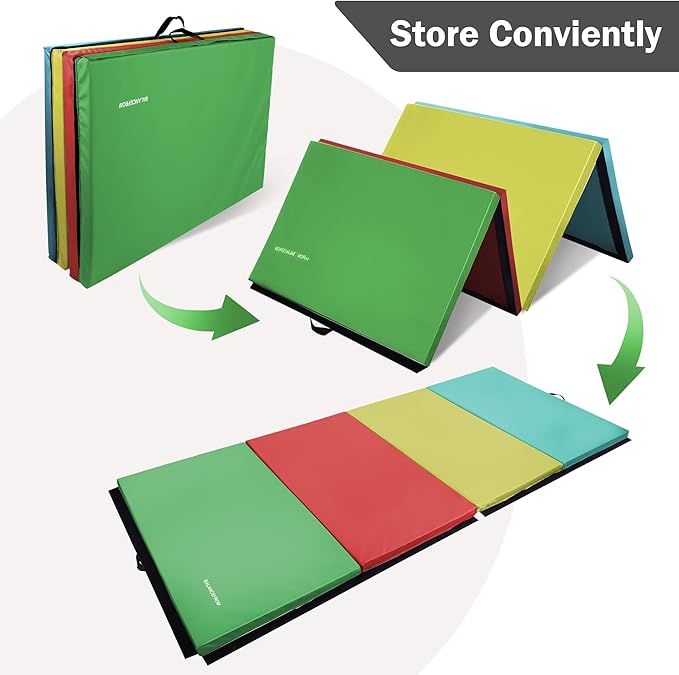 Folding Exercise Gymnastics Mat 4'x8'x2" Gym Workout Mat with Carrying Handles High-Density Anti-Tear Portable Fitness Aerobics Mats for Home Gym Yoga Pilates Tumbling MMA Core Training, Multiple Colors