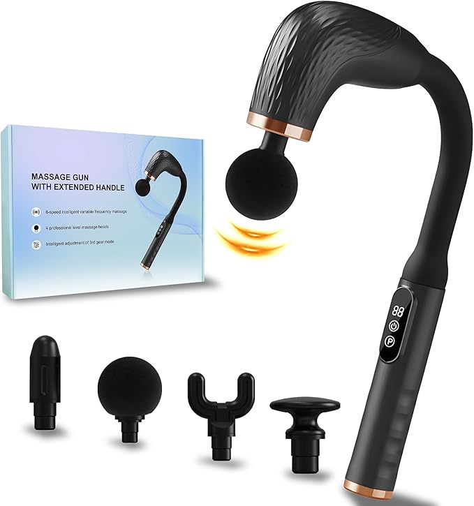 Massage Gun with Upgraded Extension Handle, Back Massager for Pain Relief Deep Tissue, Muscles/Neck/Shoulders/Waist/Legs Massager with 4 Massage Heads & 6 Speed Levels & 3 Massage Modes