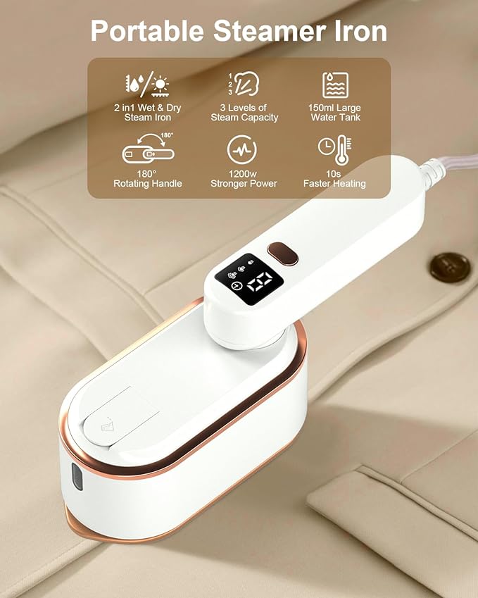 Travel Steamer Iron for Clothes - 1200W Handheld Size Portable Travel Steamer, 3 Steam Levels Clothes Steamer with LCD Screen, 10S Fast Heat-up Steamer for Dress Shirt Home Travel (White)