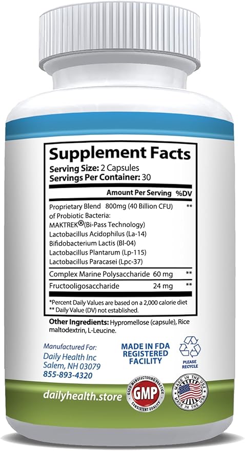 Daily Probiotic 40 Billion CFU MakTrek Bi-Pass Technology Digestion Immune Health 60 Veggie Capsules (1 Month Supply)