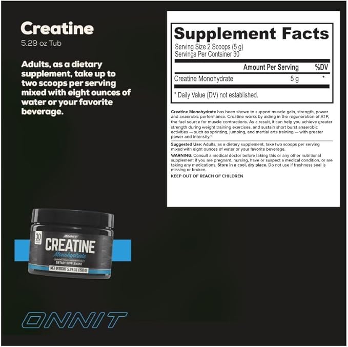 ONNIT Creatine Monohydrate Powder – 5g Premium Creatine for Muscle Strength, Power & Lean Mass, Supports Brain Health & Cellular Energy, Unflavored, 30 Servings, 5.29 oz