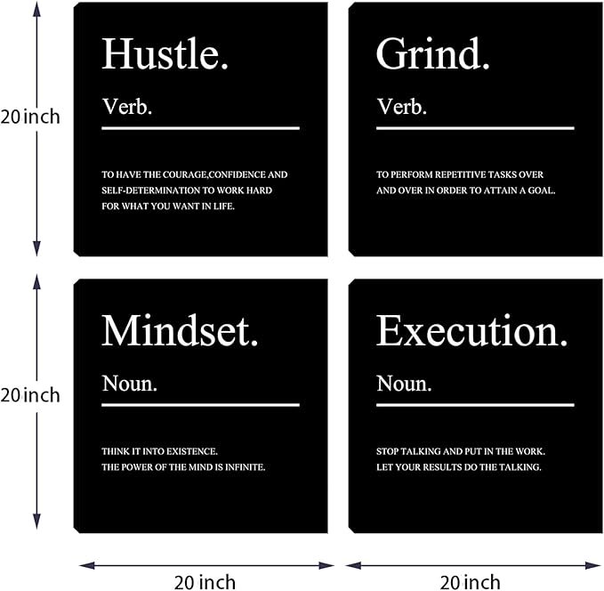 Motivational Office Wall Art Mindset Canvas Wall Art Hustle Posters Wall Decor 4 Pieces Inspirational Quotes Wall Paintings Picture Art Wall Decor for Bedroom Living Room Artwork 20"x20"x4pcs
