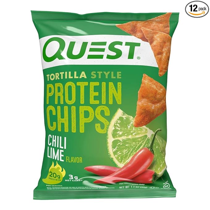 Quest Nutrition Chili Lime Tortilla Style Protein Chips, 20g Protein, 3g Net Carbs, Low Carb, Gluten Free, 1.1 oz (Pack of 12)