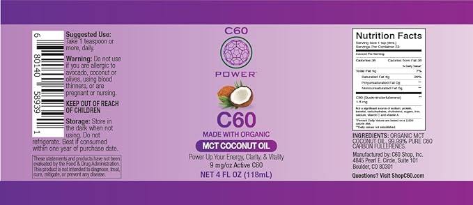 C60 Power C60 in Organic MCT Coconut Oil - Natural Wellness Support for Men & Women, 99.99% Pure Carbon Fullerenes, Promotes Energy, Mental Clarity, & Stamina - 4 fl oz Bottle