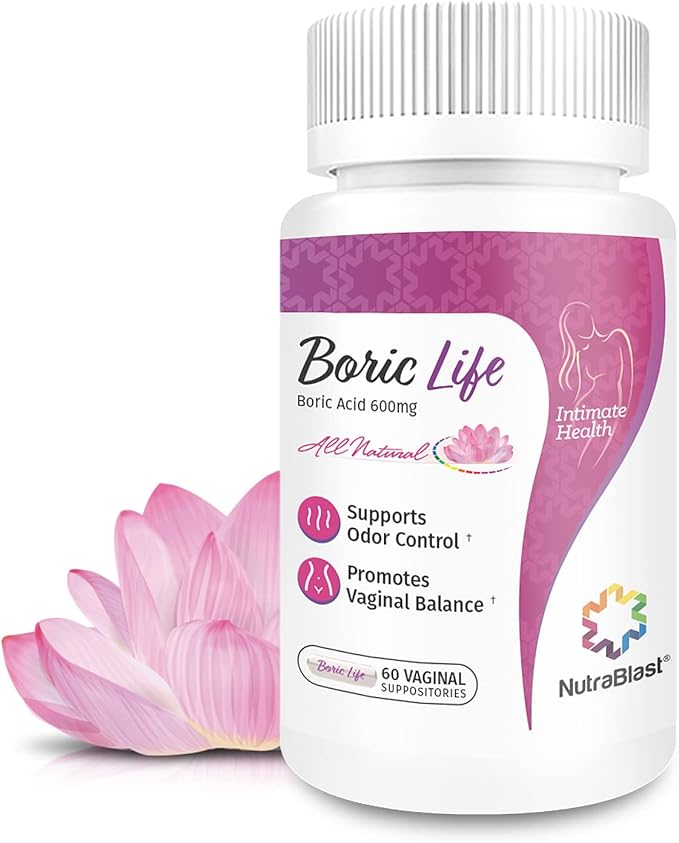 NutraBlast Boric Acid Vaginal Suppositories - 100% Pure Made in USA - Boric Life Intimate Health Support (60 Count)