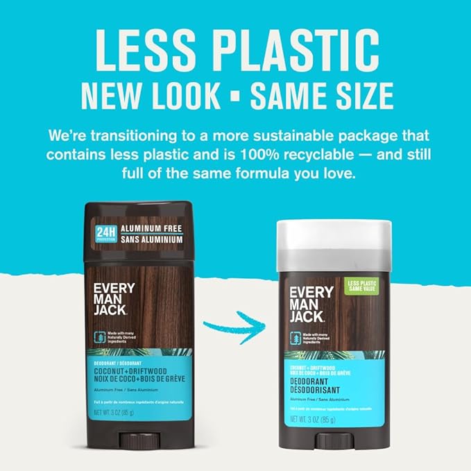Every Man Jack Coconut Driftwood Men’s Deodorant - Stay Fresh with Aluminum Free Deodorant For all Skin Types - Odor Crushing, Long Lasting, with Naturally Derived Ingredients - 3oz (2 Pack)