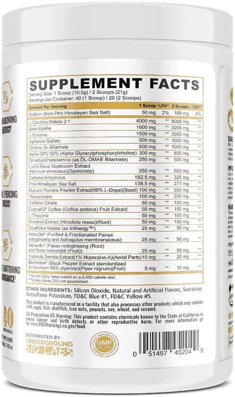 Underground Bio Labs/Panda Supps Skull Nootropic Pre Workout,3 Caffeine Sources for Tunnel Vision Focus, Massive Pumps, Unparalled Energy (40 Scoops) (Cranial Smash) (Lemon Lime Refresher)