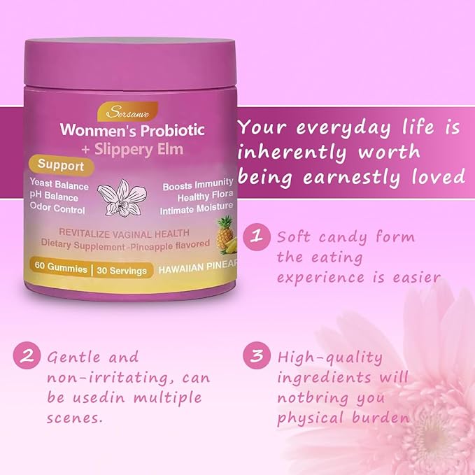 Juicy Feminine Probiotic Gummies for Women, Pineapple Flavor, pH Balance and Gut Health Support, with Slippery Elm, Vegan
