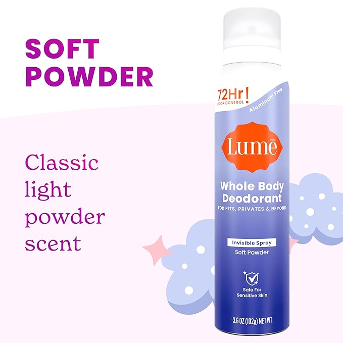 Lume Invisible Spray Deodorant For Women - Deodorant Spray + Mini Bundle - 72 Hr Odor Control - Ozone Friendly - Aluminum & Baking Soda Free, Skin Loving - 3.6 ounce + 1.0 ounce Mini (Soft Powder)