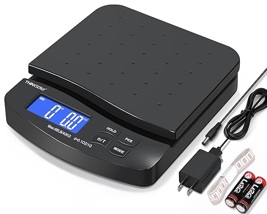 THINKSCALE 88lb Shipping Scale, 0.1oz Precision, Digital Postal Scale with Large LCD, Hold/Tare/Piece Counting, 5 Units, Dual Power (Battery/AC), Black