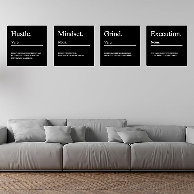 Motivational Office Wall Art Mindset Canvas Wall Art Hustle Posters Wall Decor 4 Pieces Inspirational Quotes Wall Paintings Picture Art Wall Decor for Bedroom Living Room Artwork 16"x16"x4pcs