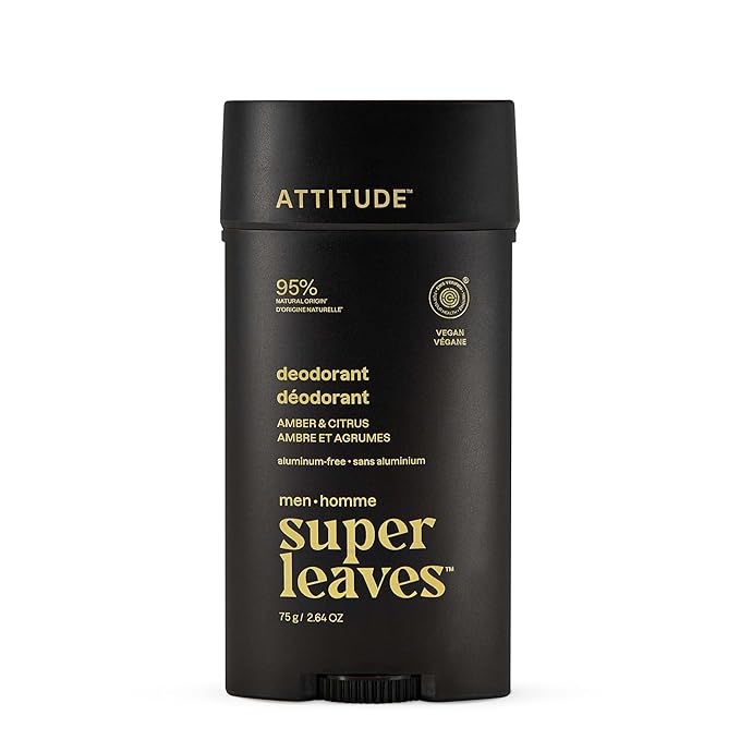 ATTITUDE Aluminum-Free Deodorant for Men, 95% Natural Origin Ingredients, EWG Verified, Plant Based Odor Control, With Baking Soda, Amber & Citrus, 2.64 Oz