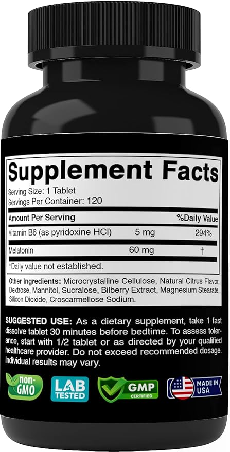 Melatonin 60 mg with Vitamin B6 – 120 Fast Dissolve Tablets Extra-Strength Sleep Support – Drug-Free – Natural Citrus Flavor – Vegetarian, Non-GMO, Gluten-Free