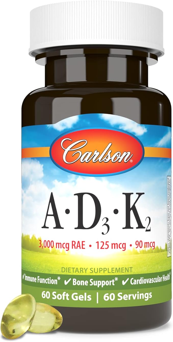 Carlson - Vitamins A, D3, K2, 3000 mcg RAE Vitamin A, 125 mcg Vitamin D3, 90 mcg Vitamin K2 as MK-7, Bone Building, Calcium Utilization, 60 Soft Gels